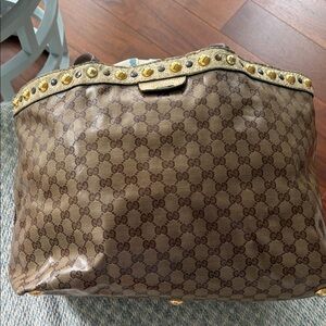 Vintage Gucci Vinyl Brown Monogram Shoulder Bag with Gold Accents